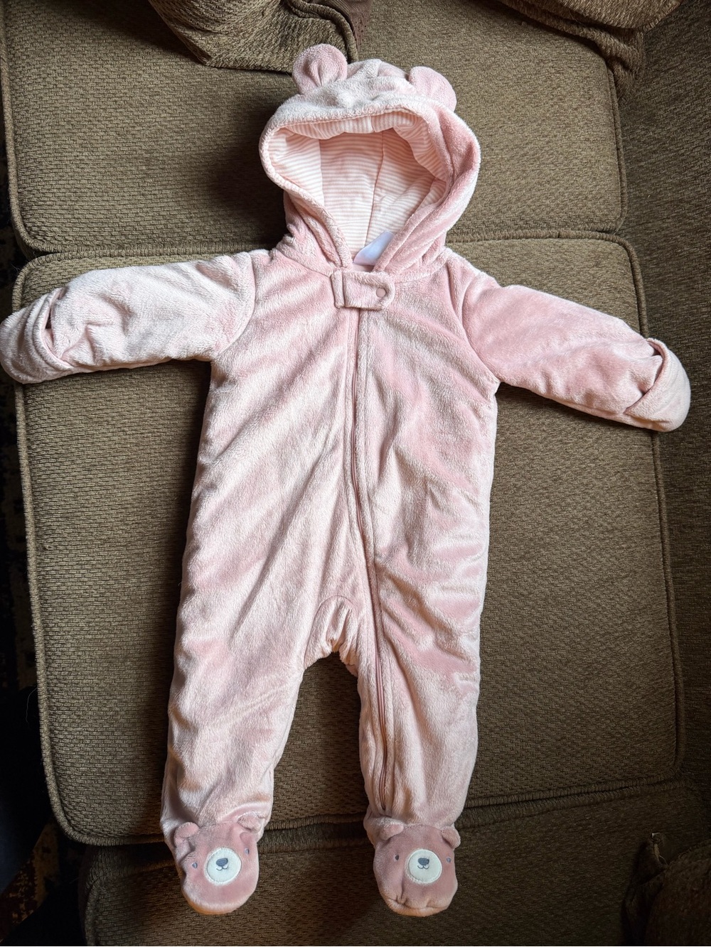 Pink Plush Hooded Baby One-Piece Suit with Bear Feet